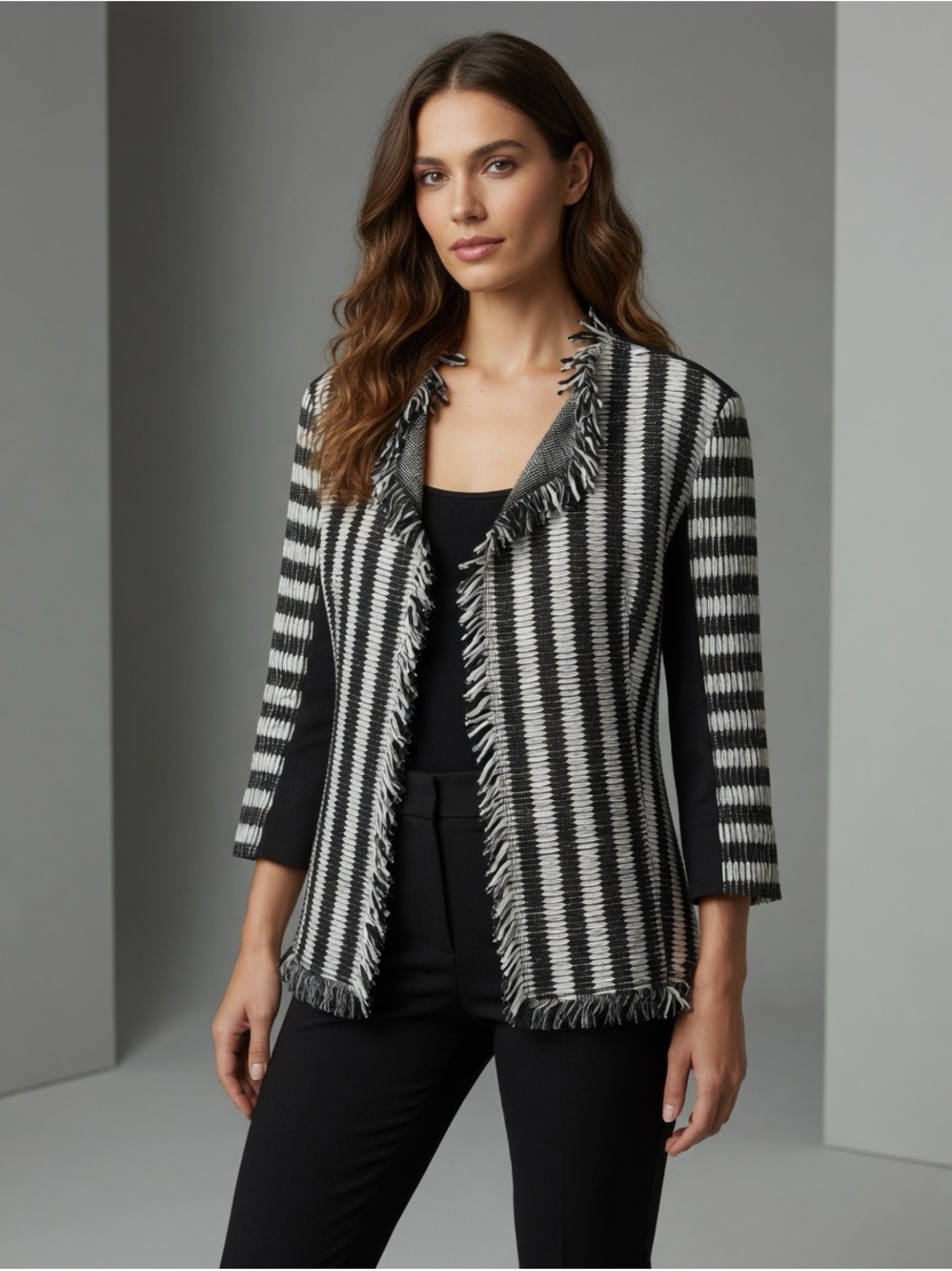 Escalating Black & White Striped Fringe Open-Front Jacket 38 6